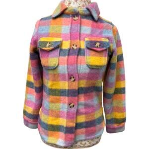 🧡 BKE Youth M Pastel Plaid Fuzzy Button Up Shacket Retro Fall Layering